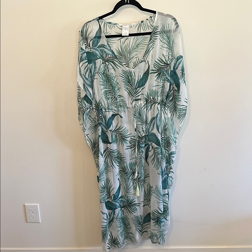 Kona Sol White Sheer Maxi Coverup with Green Tropical Leaf Print